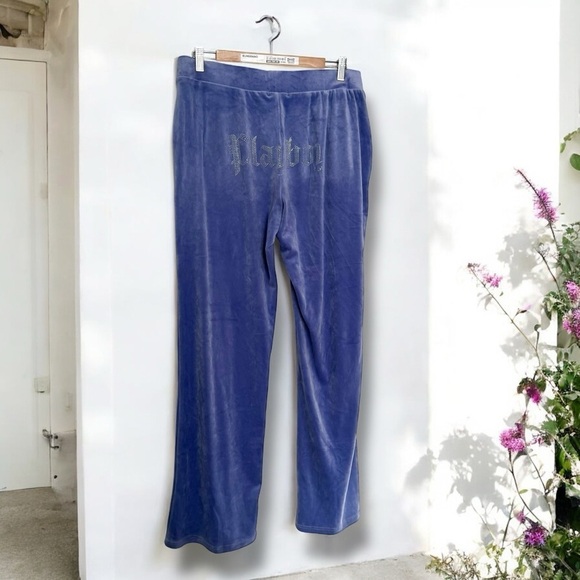 Playboy old English y2k Blue Velour Pants with Logo and rhinestone XL periwinkle - Picture 1 of 8